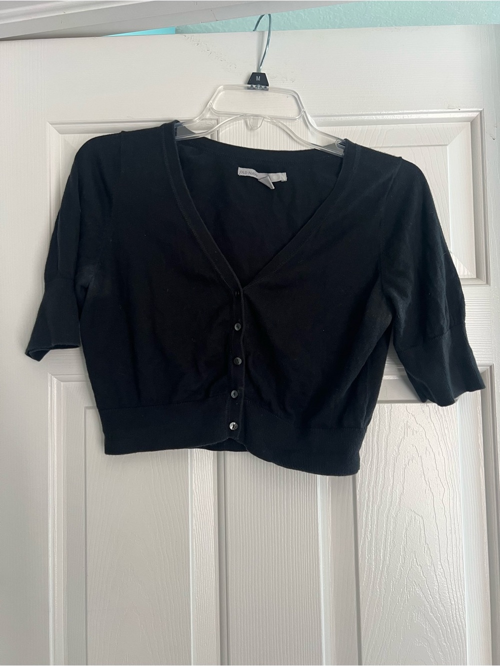 Old Navy Black Cropped Short Sleeve Button Front Cardigan Sweater M